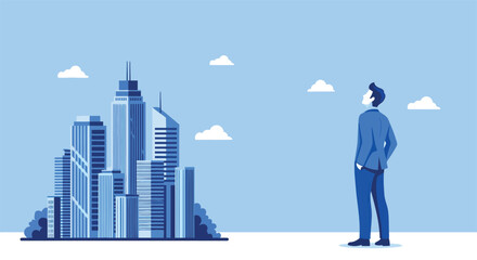 Obraz premium Businessman gazing at a modern city skyline under a blue sky