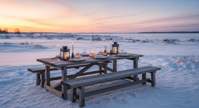 Romantic winter picnic setup on frozen lake at sunset dusk ambiance illustration