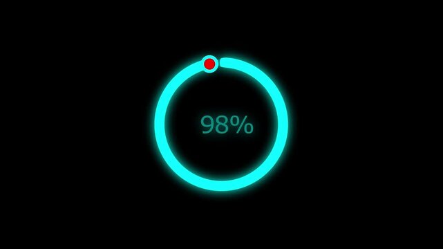 A dynamic cyan color line loading animation, and loading to completed 1 to 98% animation. on a black background. and creating a stunning 4k video.