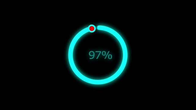 A dynamic cyan color line loading animation, and loading to completed 1 to 97% animation. on a black background. and creating a stunning 4k video.