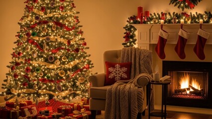 Cozy Christmas scene with decorated tree, fireplace, and gifts