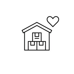 Obraz premium Warehouse with parcel boxes and heart. Delivery with care. Shipment packed with love. Pixel perfect, editable stroke vector icon