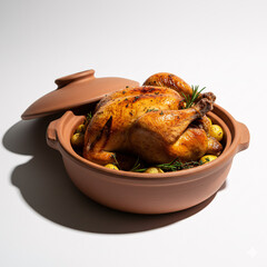 Roasted Chicken in Earthenware Dish with Potatoes and Herbs