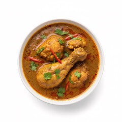 Chicken curry dish with herbs and chili peppers in a bowl