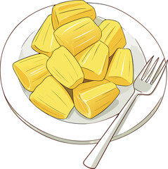 A close-up studio shot presents a white ceramic plate piled high with ripe jackfruit pods, and a silver fork. The jackfruit pods, the main subject, are a vibrant yellow color and arranged in a seeming