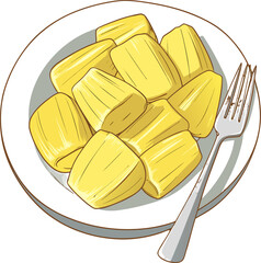 A close-up studio shot presents a white ceramic plate piled high with ripe jackfruit pods, and a silver fork. The jackfruit pods, the main subject, are a vibrant yellow color and arranged in a seeming