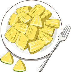 A close-up studio shot presents a white ceramic plate piled high with ripe jackfruit pods, and a silver fork. The jackfruit pods, the main subject, are a vibrant yellow color and arranged in a seeming