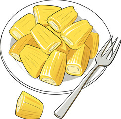 A close-up studio shot presents a white ceramic plate piled high with ripe jackfruit pods, and a silver fork. The jackfruit pods, the main subject, are a vibrant yellow color and arranged in a seeming