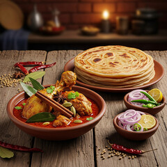 Traditional Indian Chicken Curry with Naan Bread and Spices on Wooden Table