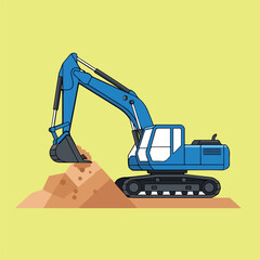A blue hydraulic excavator is actively digging into a mound of earth, depicted in a flat, vector-style illustration on a light yellow background.