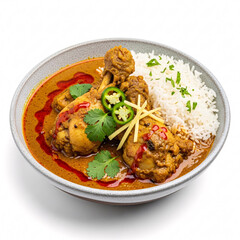 Chicken curry with rice and garnishes in a bowl