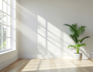 Fototapeta premium Bright Modern Room Interior Bathed in Natural Sunlight Through a Large Window, Casting Dynamic Shadows on White Wall and Wooden Floor, Complemented by a Green Potted Plant
