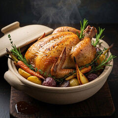 Roasted Chicken with Vegetables in a Clay Pot, Ready to Serve