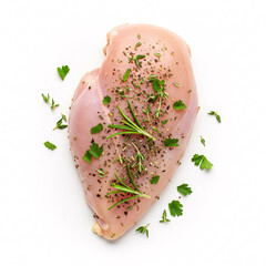 Fresh Raw Chicken Breast with Herbs and Spices on White Background