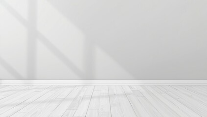 Minimalist empty room with white wooden floor and sunlight shadows on wall