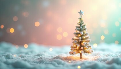 Small snowy Christmas tree with twinkling lights and a star on top standing in fluffy snow. Winter holiday background with bokeh for greeting card.