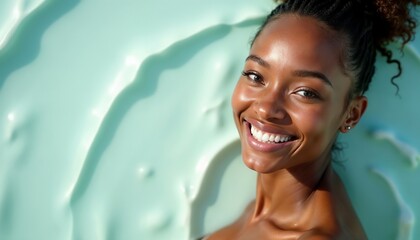 Happy african american woman looking at camera with perfect radiant skin on a light mint background. Skincare and beauty concept for cosmetic product.