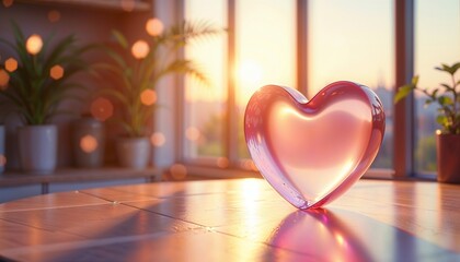 Clear glass heart with pink tint on a wooden table, bathed in warm sunlight from a window, radiating love and romance for Valentine&rsquo;s Day.