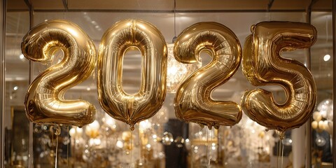 New Year's Eve 2025: A collection of shimmering balloons form the year 2025, heralding the arrival of a new year. A festive and joyous atmosphere perfect for events. 