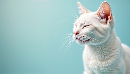 White cat with closed eyes and cute pink nose against a light blue, simple background. Pet portrait perfect for veterinary or animal care advertising.
