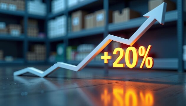 Upward trend line and plus 20 percent showing growth and financial success. Business chart for investment and profit analysis in warehouse. - Powered by Adobe