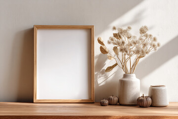 Mockup Wooden Picture Frame On Shelf With Dried Flowers