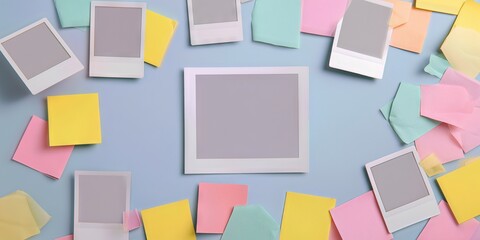 Memories and Memos: A vibrant collage of blank instant photos and sticky notes on a cool surface. Inviting to fill, this image captures the essence of organization and nostalgia.