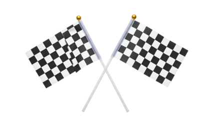 Two small black and white checkered racing flags crossed against a black background