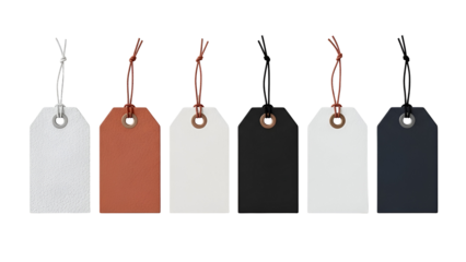 A collection of six blank paper tags in various colors with strings for branding and pricing