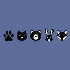 Fototapeta premium A minimalist illustration displays a black paw print, cat, bear, rabbit, and fox head icons arranged horizontally on a solid blue background.