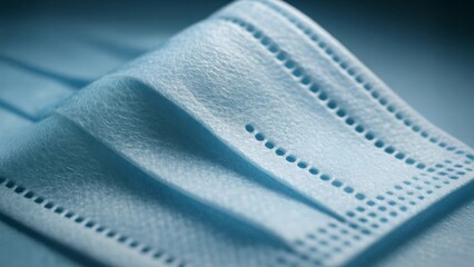 Macro close up of blue disposable surgical face mask fabric with pleats and perforations, symbolizing healthcare protection and hygiene.