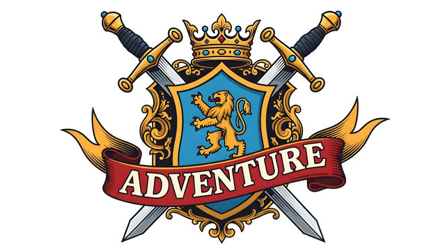 Vintage crest featuring crossed swords and flowing banner in intricate detail, heraldic emblem with classic medieval design, ornate vector illustration, decorative motif - Powered by Adobe