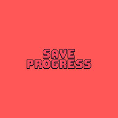 Pixel Art 'Save Progress' Text on Red Background - Retro Gaming Interface Element