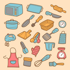 This is a colorful cartoon illustration depicting a variety of essential kitchen tools and cooking utensils