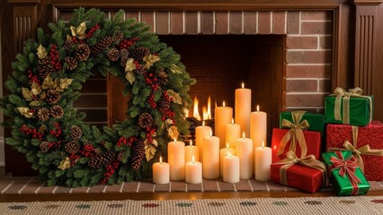 Cozy Christmas scene with lit candles and gifts by fireplace