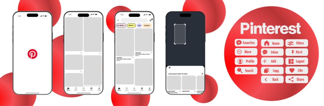 Pinterest mobile UI mockup, Pinterest pin board template, Pinterest post feed design, Pinterest profile app interface, Pinterest social media network layout with Pinterest pins and Pinterest boards.
