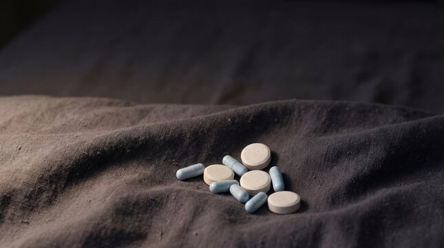 Melatonin & Magnesium at Bedtime - Close-up shot of magnesium and melatonin tablets resting on a dark fabric surface that mimics bed sheets, ideal for wellness or sleep-related themes.