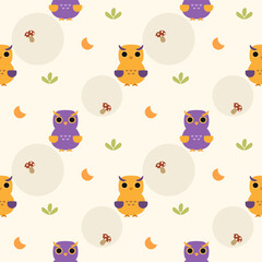 Owl yellow purple cartoon so cute. On mushroom grass moon background. Pattern seamless vector illustration. 