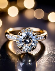 Close-up of a sparkling diamond engagement ring with a halo setting on a reflective surface, illuminated by soft bokeh lights