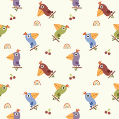 Bird colorful cartoon so cute. On rainbow cherry branch background. Pattern seamless vector illustration. 