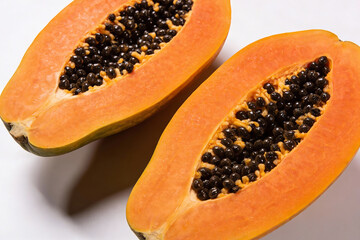 Ripe papaya fruit with bright orange flesh and visible black seeds, isolated on a clean background