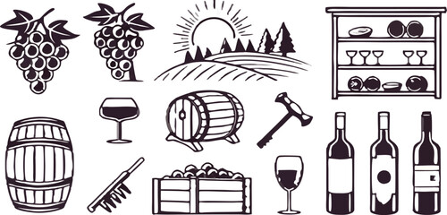 A collection of 21 stylized black and white line art icons, set against a transparent background. The icons depict elements associated with winemaking and wine consumption. The subjects include a bunc