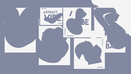 Collage of abstract shapes and silhouettes on white squares with grey background and partial text