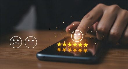 Elevate your brand image with our high-quality stock photo, showcasing a customer providing positive feedback on a mobile device, ideal for marketing at 135.