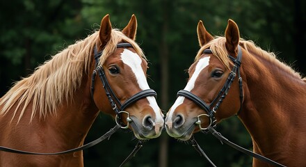 Obraz premium Two brown horses with white blazes on their faces, in profile with bridles on