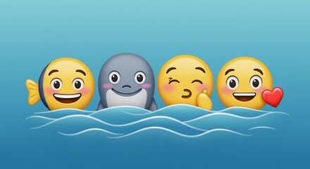 きらめく水面の奥から顔を出す陽気な魚と穏やかなイルカの絵文字そして満面の笑顔で喜びを表現する二つの明るい顔文字たち澄み切った青い水中で自由に遊び戯れる様子を鮮やかに描いた心和む楽しげなデジタルイラストレーション. AI Generated