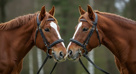 Two brown horses with white blazes stand close, wearing bridles, heads facing each other