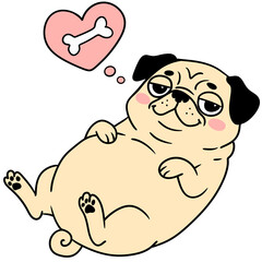 Lazy pug lying down with a heart and bone thought bubble, cute dog illustration on transparent background.
