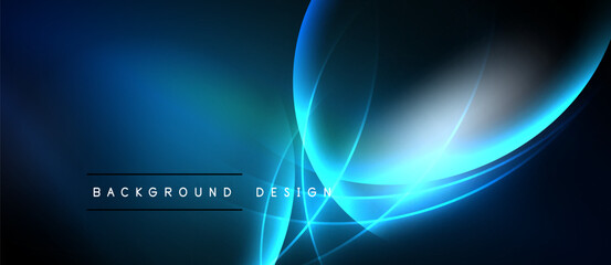 Dark blue abstract background. Bright glowing lines create dynamic curves, modern design elements. Text reads background design.