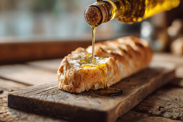 Pouring Olive Oil Onto Fresh Bread Slice On Wooden Board
